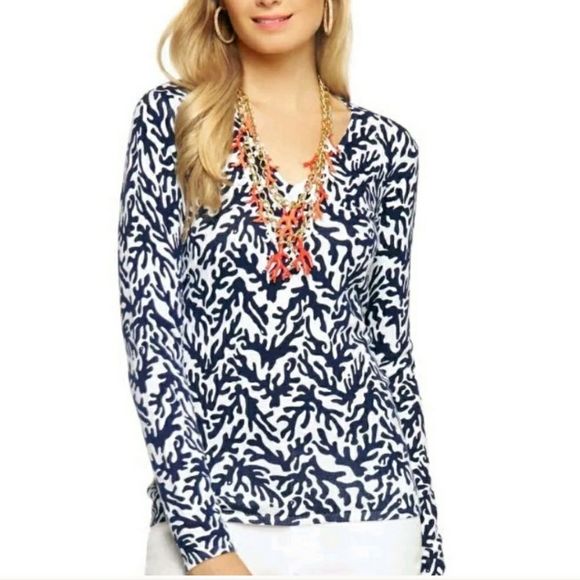 LILLY PULITZER Adelaide Vneck Cotton Sweater Navy Blue White Coral Pattern - Picture 1 of 11